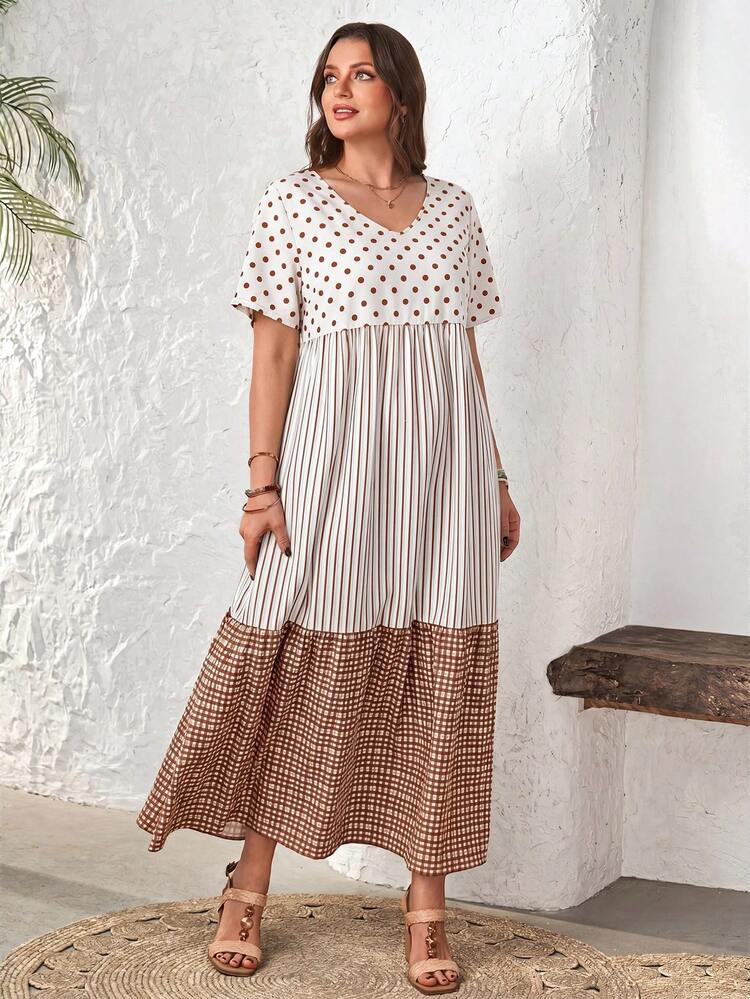 Plus Size Polka Dot & Striped Patchwork Short Sleeve Dress