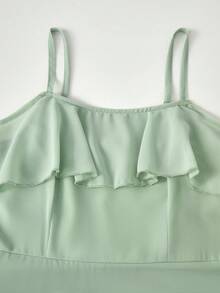 SHEIN 少女优雅纯色荷叶边露肩派对连衣裙，夏季 - 綠色 - 查看 7