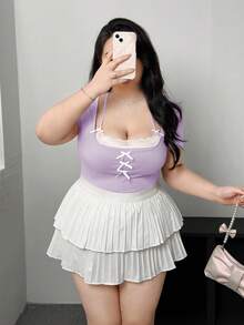 Vibekara Camiseta de manga corta de 2 en 1 con parches de encaje y mariposa, talla grande para primavera/verano - Morado - Ver 3