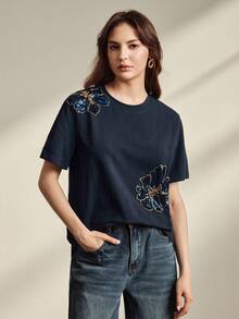Áo thun nữ Anewsta màu xanh navy thanh lịch, chất liệu 95% cotton, tay ngắn, cổ tròn, ôm dáng, trang trí hoa đính cườm, thích hợp cho mùa hè. - Màu xanh hải quân - Xem 5