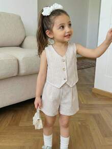 2-Piece Girls' Outfit:Apricot Striped Sleeveless Top,Button-Front Vest & Shorts Set For Summer,7th Birthday,Daily,Formal Event Back-To-School Clothes - Apricot - View 2