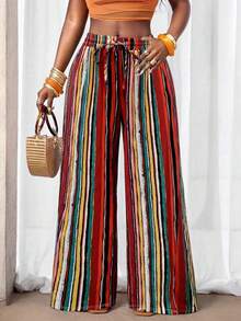 SHEIN VaVaLuxe Vibrant Multi-Stripe Drawstring Waist Wide-Leg Pants - Perfect For Vacation & Summer Outings - Yellow - View 1