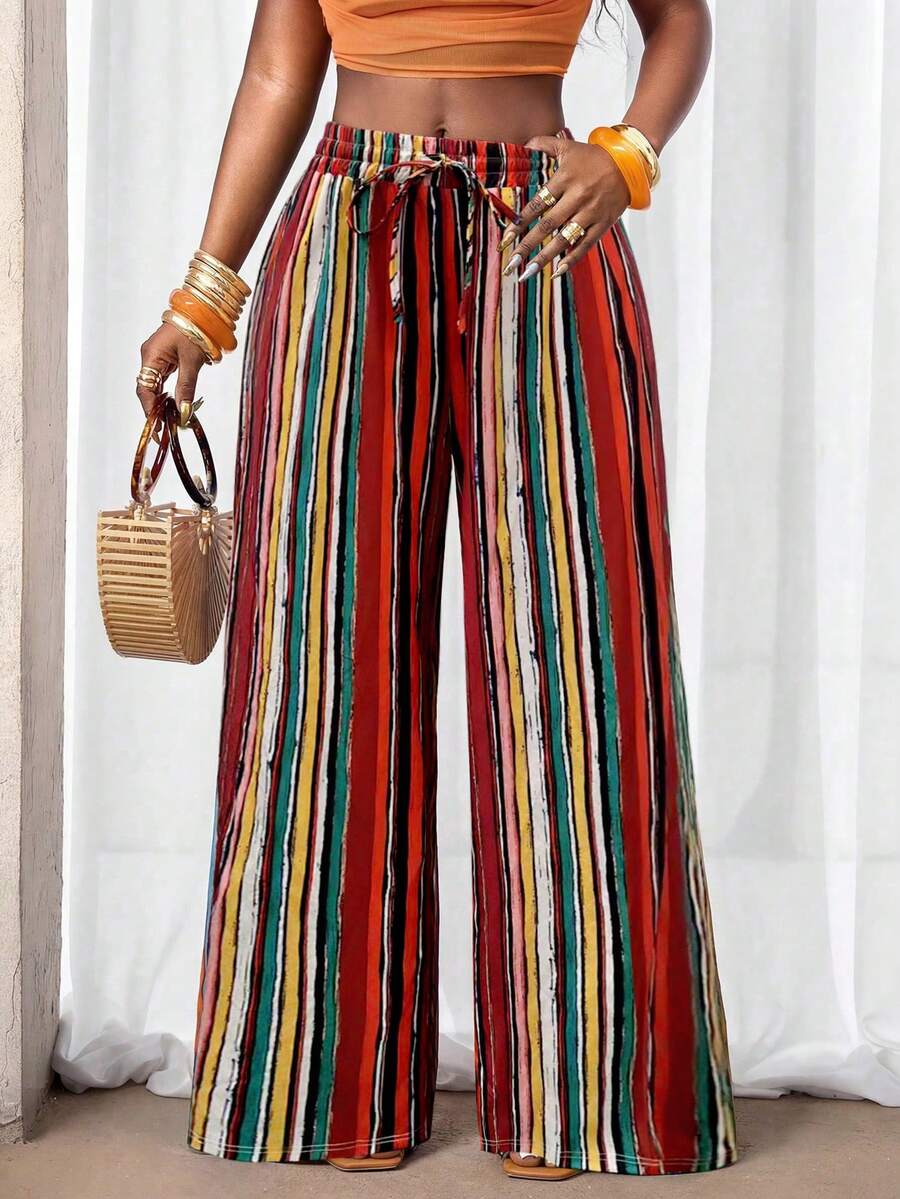 SHEIN VaVaLuxe Vibrant Multi-Stripe Drawstring Waist Wide-Leg Pants - Perfect For Vacation & Summer Outings - Yellow - View 1