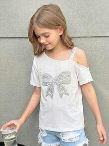 Firerie Kids Firerie Kids Nova Glow Tween Girl Casual Vacation Solid Color Knitted One Shoulder Short Sleeve Blouse - White - View 5