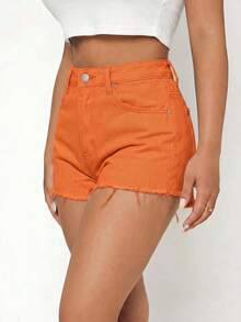 SHEIN PETITE Quần short denim trơn màu, gấu quần rách, có đai lưng, kiểu dáng thường ngày mùa hè. - trái cam - Xem 5