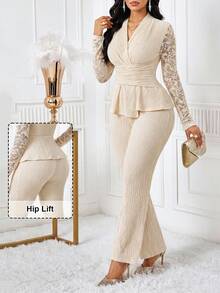 SHEIN Lady 加大码女士撞色蕾丝长袖上衣和喇叭裤优雅两件套，杏色 - 杏色 - 查看 1