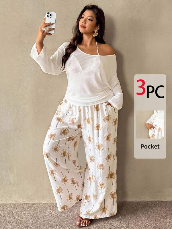 Auralis Plus Size Women's Spring And Summer Fashion Casual Loose And Comfortable Daily White Long-Sleeved Transparent Sunscreen T-Shirt And Pink Bikini And Wide-Leg Pants Three-Piece Set,Curve Cute Clothes,Vacation Outfits,Beach Outfits For Woman,Hawaii Outfits Women,Cruise Women Outfits,Y2k Clothes Casual Vacation Two Piece Set For Women Plam Tree Print Outfit Sets For Women