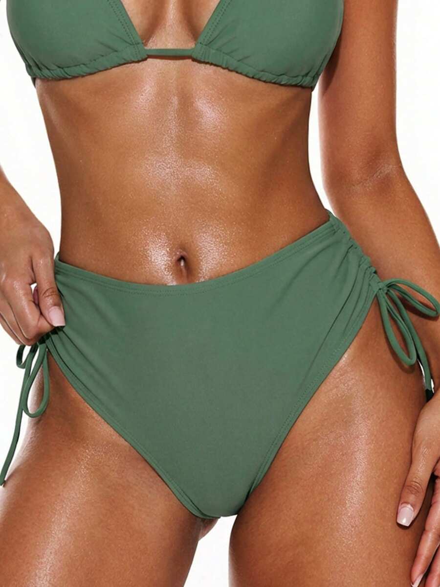 Swim Basics 女士纯色侧抽绳比基尼泳裤 - 軍綠色 - 查看 1