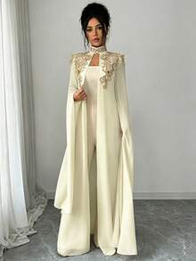 Elenzga Bộ áo liền quần quây ngực viền ren vàng dành cho nữ, gồm 2 món. - Màu be - Xem 4