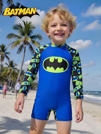 BATMAN X SHEIN GraphicGems Young Boy Letter Print Long Sleeve Romper Swimsuit, Beach Holiday Swimming