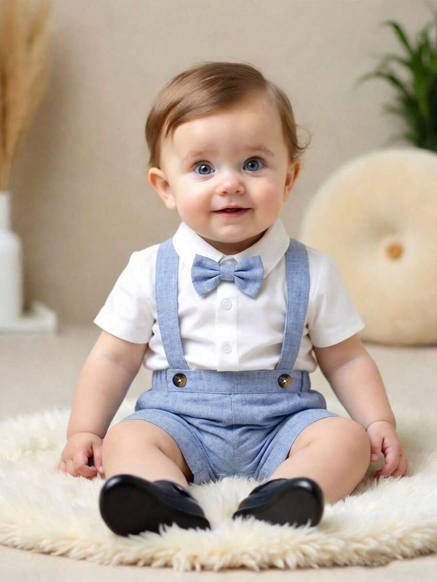 Souflis Souflis 两件套男婴正式绅士套装，白色针织短袖衬衫配领结，搭配松紧腰背带短裤，适合夏季穿着，6个月至3岁宝宝适用，可用于生日派对、庆典、演出、婚礼、迎婴派对、洗礼、返校、新生儿欢迎派对等场合，时尚优雅。