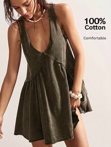 SHEIN BohoFeels Casual Solid Color Knit V-Neck Loose Women Short Dress - Army Green - View 8