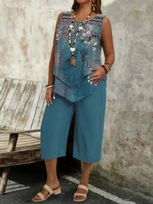 SHEIN LUNE Conjunto casual feminino plus size de duas peças, estampa floral vintage azul, verão - Multicolorido - Ver 6
