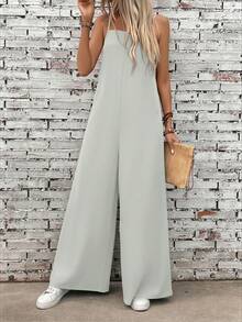 SHEIN LUNE Bộ áo liền quần nữ màu trơn, ống rộng, có túi, kiểu dáng thường ngày. - Xám - Xem 8