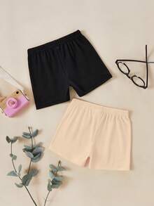 SHEIN Vintaside Kids 2件套少女可爱舒适多色打底裤，适合春夏休闲、运动和休闲穿着，简约舒适白色短裤套装 - 彩色 - 查看 2