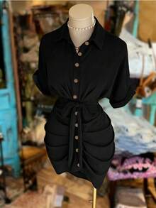 EMERY ROSE Women's Fashion Solid Color Single-Breasted Tie Bow Ruffle Short Sleeve Shirt Dress - Black - View 3