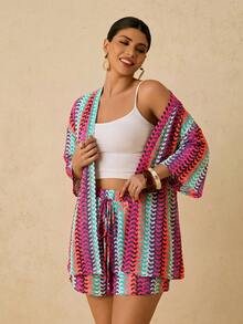 Travachic Damen Große Größen Blau & Weiß gestreiftes Hemd und Shorts Strick 2-teiliges Set, Sommerurlaub - Verschiedenfarbig - Übersicht 6