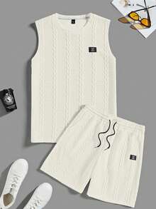 Manfinity CasualCool 2pcs/Set Atasan Tank Top dan Celana Pendek Rajut Kasual Pria Ukuran Besar, untuk Liburan - Aprikot - View 6