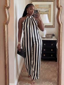 Veslaya Nuevo mono de mujer talla grande de piernas anchas y extra largas, de cuello redondo y sin mangas, estilo casual de vacaciones y uso diario, color blanco - Multicolor - Ver 6