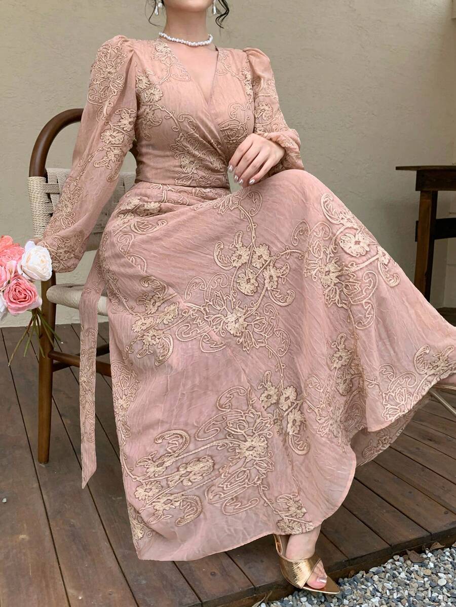 DAZY 女士花卉刺绣长袖衬衫和中长裙优雅两件套 - 杏色 - 查看 1