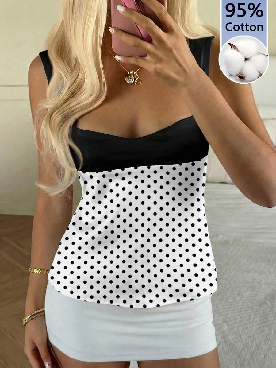 CovetEZ 95%纯棉女士撞色波点印花吊带背心，适合外出、街头风、海滩度假，时尚百搭 - 彩色 - 查看 1