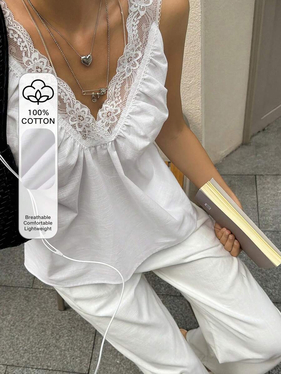 Livesso 女士纯色V领蕾丝拼接露背休闲背心（夏季款） - 白色 - 查看 1