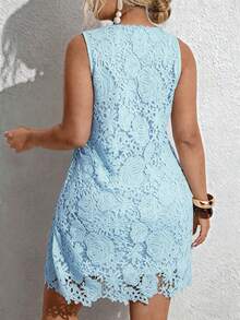 Breezaya Elegant White Lace Trim Plus Size Women Sleeveless Round Neck Dress, Spring/Summer - Baby Blue - View 2