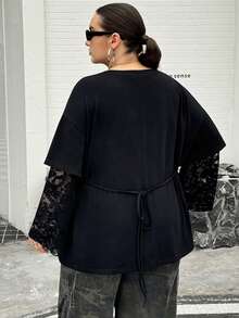 SHEIN CURVE+ 2026 Spring/Summer Plus Size Women's Round Neck Contrast Lace Long Sleeve T-Shirt, Suitable For Outings, Back To School, Street Style, Y2K Fashion - Black - View 2