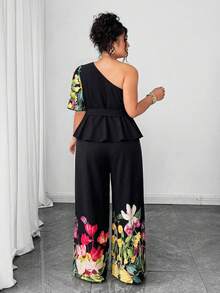 Elenzga Conjunto de 2 peças feminino plus size elegante com estampa floral preta e branca, decote ombro a ombro, cinto e laço, estilo casual chique e modelador. - Multicolorido - Ver 2