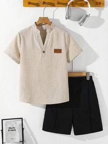 SHEIN Young Boys' Casual V-Neck Textured Short Sleeve Shirt And Shorts Set,Comfortable Fashionable For Daily,School,Outings,Summer,Beach,Holiday Vacations - Apricot - View 3