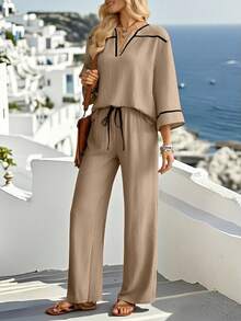 Breezaya Women's Color Block Top And Drawstring Waist Long Pants Casual Outfit - Khaki - View 5