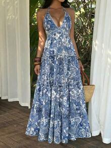 Sunnyshic Vestido casual de moda para mujer, estampado de cachemira bohemio, con lazo en el cuello, volantes en el bajo, para vacaciones, primavera/verano - Azul - Ver 3