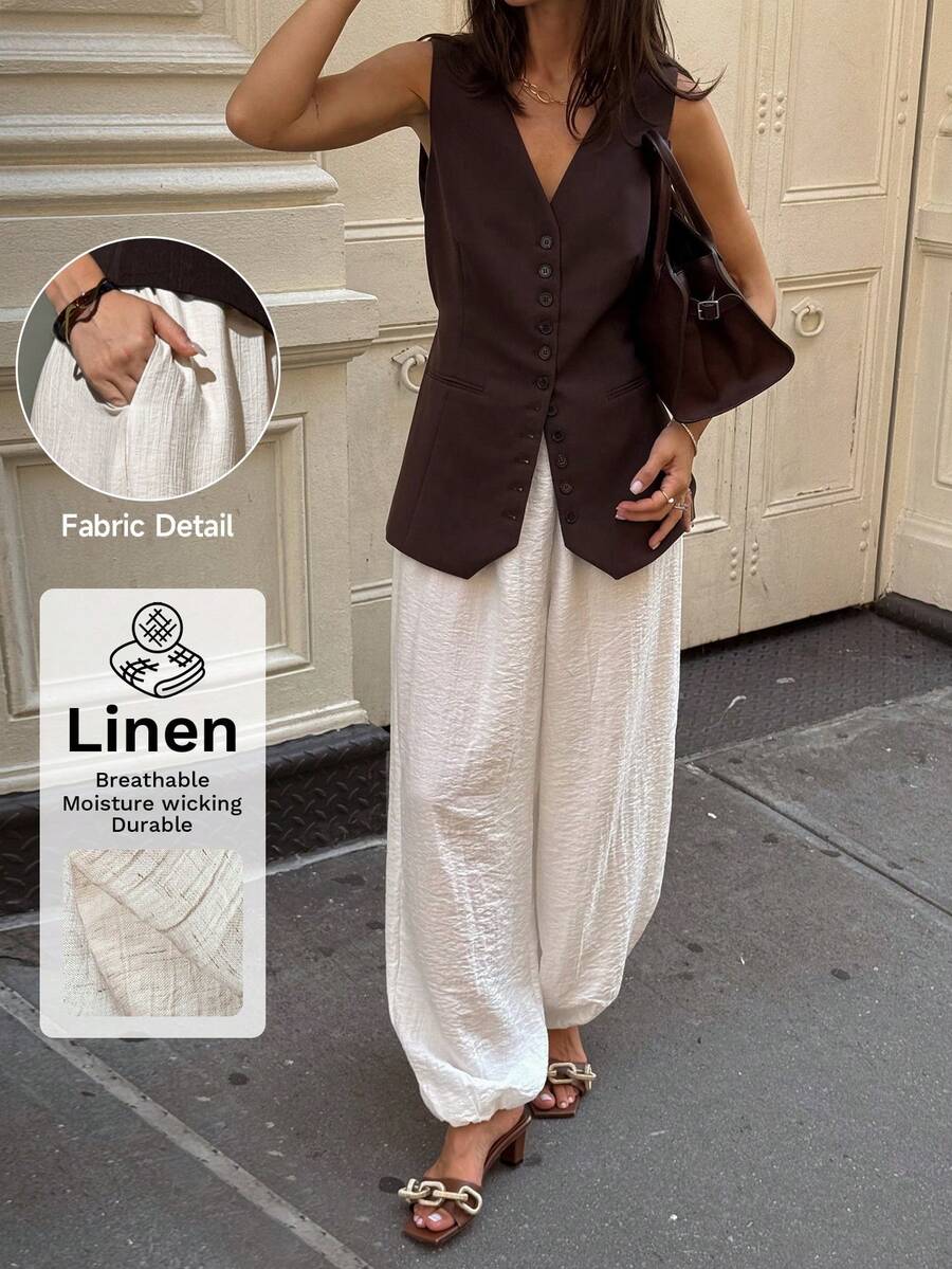 Lavishia Women's Comfortable & Breathable Balloon Pants,Off-White Summer Casual Vacation Loose Linen Trousers,High Waist Relaxed Fit Muslin Boho Beach Outfits - Beige - View 1