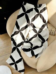 Resyla Women's Black & White Geometric Drawstring High Waist Loose Flowy Maxi Casual Pants, Suitable For Summer Vacation And Travel - Multicolor - View 2