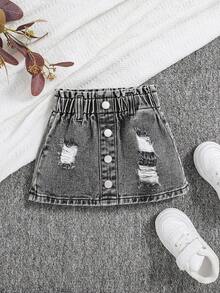 SHEIN Bebé niña Falda en mezclilla desgarro de cintura con volante con botón delantero - Gris Oscuro - Ver 3