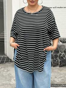 SHEIN CURVE+ 大码女式休闲宽松舒适黑白条纹短袖T恤，百搭日常穿搭，简约风格，夏季 - 黑與白 - 查看 4