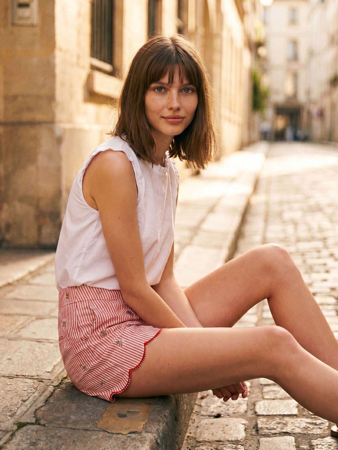 High Waisted Red Striped Shorts With Floral Embroidery And A Scalloped Hem Cute Spring Summer French Style Parisian Style Holiday Outfit Summer Vacation Outfit Going Out
