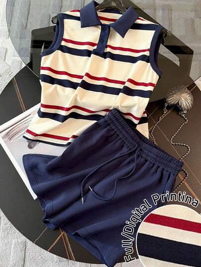 Franclia Women's Casual Sports Loose Fashionable Slimming Contrast Striped Polo Collar Vest + Loose Casual Sports Shorts, Spring/Summer