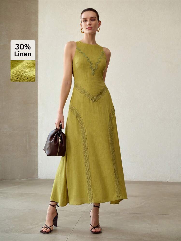 2026 SUMMER NEW ARRIVAL FRENCH ELEGANT LINEN FLORAL PRINT SLEEVELESS A-LINE MIDI DRESS FOR WOMEN