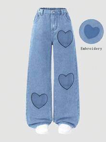 SHEIN ChillGRL Quần jeans ống rộng thêu hình trái tim kiểu dáng mới dành cho bé gái tuổi teen, phù hợp cho mùa xuân, hè, thu và đông - Hàng mới về mùa thu/đông - Rửa nhẹ - Xem 6