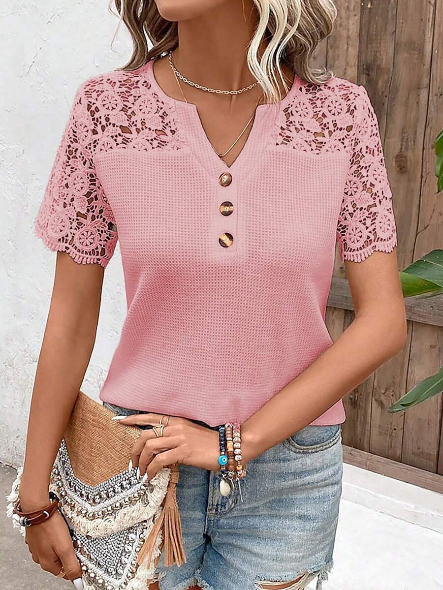 SHEIN LUNE Women's Casual Solid Color Front Button Lace Patchwork Short Sleeve T-Shirt - Pink - View 1