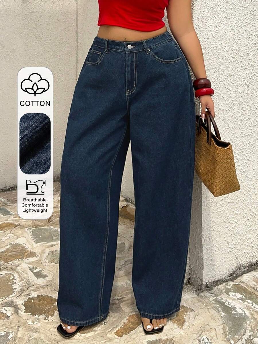 Dazy Plus Plus Size Women's Casual Solid Color Washed Slim Straight Leg Jeans - Navy Blue - View 1