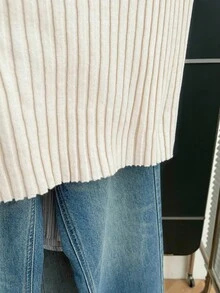 SHEIN Franclia Áo khoác không tay dệt kim gân sọc kiểu Hàn Quốc tối giản, màu kem, dáng rộng, thoải mái, đa năng, cổ chữ V, thanh lịch, phù hợp mặc hàng ngày/công sở, phong cách Pháp thư giãn, quyến rũ tối giản, áo dệt kim đơn giản hiện đại dành cho nữ đi làm. - Màu be - Xem 4