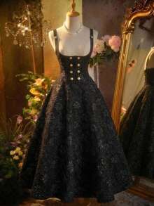 SHEIN MOD Women's Elegant Black Jacquard Spaghetti Strap Dress,Autumn Floral Brocade Corset Midi Skirt,Golden Button Gothic Victorian Pirate Style Dining Dress - Black - View 5