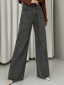 Women's Solid Color Wide Leg Long Jeans For Long Legs - Black - View 3