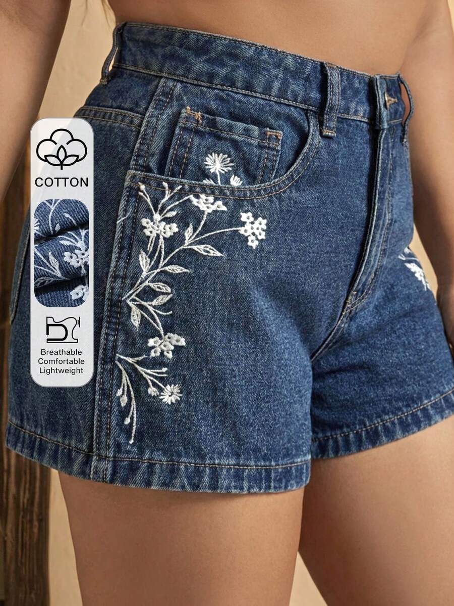 Dazy Plus Regular Waist Side Floral Embroidery Casual Plus Size Women's Denim Shorts, Spring/Summer - Medium Wash - View 1