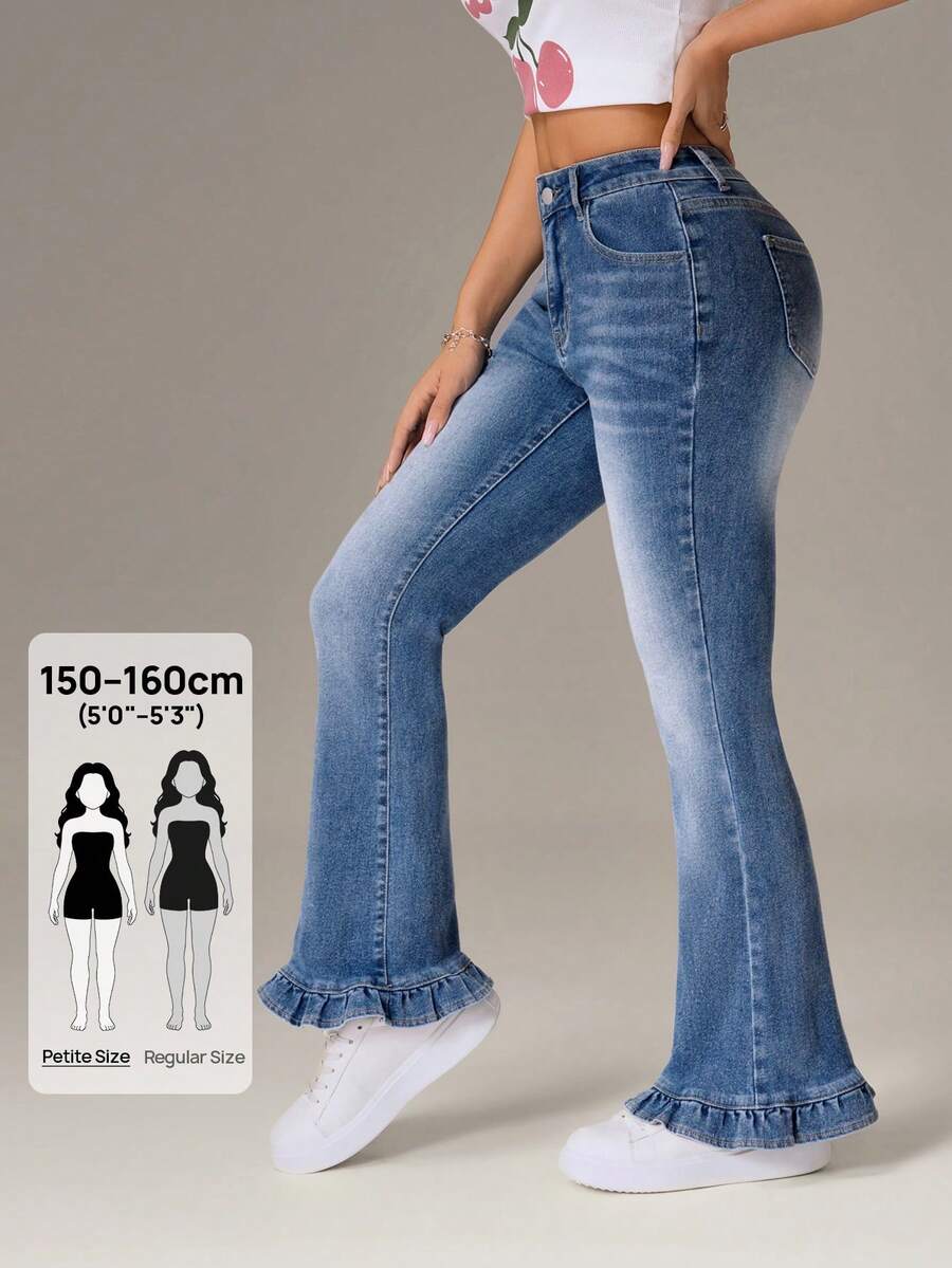 SHEIN PETITE 娇小女款休闲通勤荷叶边修身喇叭牛仔裤 - 藍色 - 查看 1