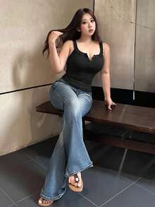 Dazy Plus Solid Color Half-Open Collar Fitted Elastic Cropped Camisole And Tank Top Summer - Black - View 5