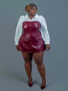 CurvyTilda Christmas Plus Size Women's Burgundy PU Shirt Dress, 2 In 1 Shirt Dress, Women's Long Sleeve Fashionable Burgundy PU Shirt Dress, Burgundy Leather Dress, Back To School, Rave Outfits,Work  Women Fall & Winter Outfit For Women,Formal Dress,Old Money Outfits,Elegant Outfits, Faux Leather Dress, Leather Outfits For Women, Winery Outfit Women, Wine Tasting Outfit, For Hourglass Body Shape - Multicolor - View 5