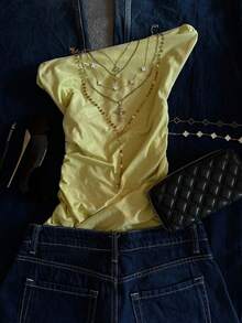 Glimmora Women's Fashionable Yellow Asymmetric Neck Blouse - Yellow - View 1
